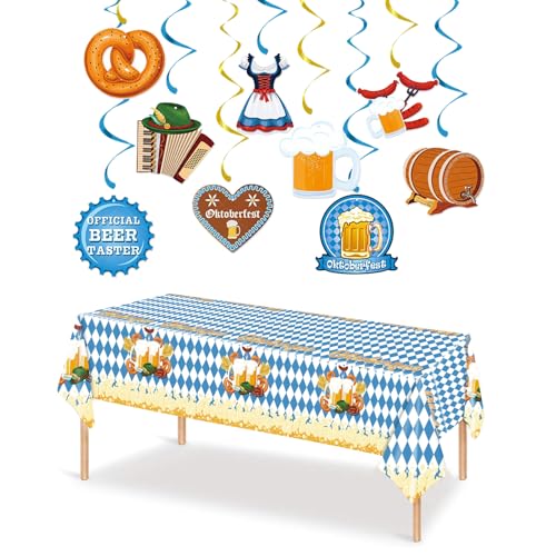 Oktoberfest Deko Party set, Oktoberfest Deko Set Dekoration, Oktoberfest Deko – Premium Bayrische Deko für Party, Perfekt für Halloween- und Oktoberfest-Feiern – Beinhaltet Tischdecke und Spiralen von WUERKIYA