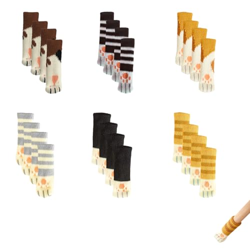 Stuhlbeinsocken Katzenpfoten Design, hochwertige Strickmaterialien, rutschfest, für Möbelbeine, 24 Stück, 6 Verschiedene Muster, Schützen und schönern Sie Ihre Möbel von WUERKIYA
