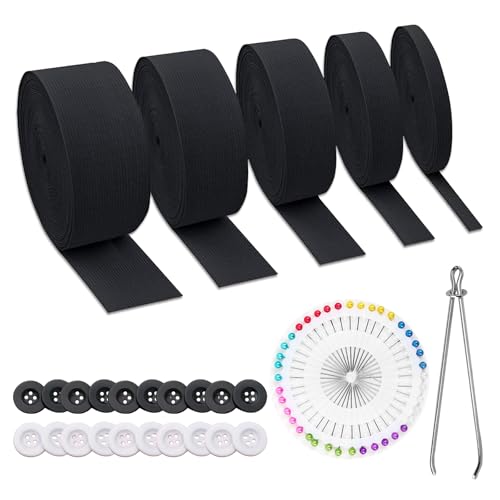 WUERKIYA Gummiband Schwarze, Gummiband Breit, Schwarze Gummiband Nähen 25 Meter 5 Stück, 10mm 20mm 30mm 40mm 50mm Gummibänder Nähen 5 Stück mit Gummiband Nadeleinfädler für DIY Handwerk Nähzubehö von WUERKIYA