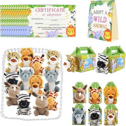 Mini-Safari-Stofftiere mit Papierboxen für Wald-Sommer-Party, Adoptions-Haustier-Thema, Geburtstagsgeschenke, 38-teilig von WUEURU