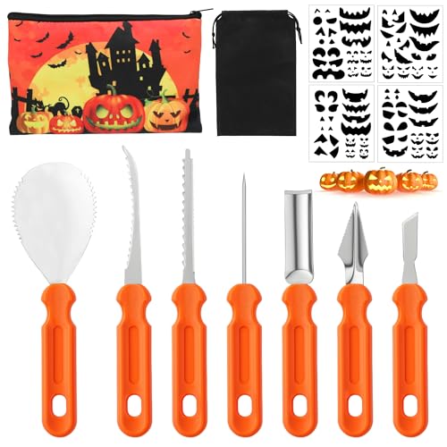 WUISOLQP Halloween Kürbis Schnitzset, 7 Stück Kürbis Schnitzwerkzeug mit Aufkleber vorlagen für Outdoor Kürbis Deko Dekoration DIY Pumpkin Carving Edelstahl Werkzeug Kinder und Familie WUISOLQP Halloween Kürbis Schnitzset, 7 Stück Kürbis Schnitzwerkzeug mit Aufkleber vorlagen für Outdoor Kürbis Deko Dekoration DIY Pumpkin Carving Edelstahl Werkzeug Kinder und Familie von WUISOLQP
