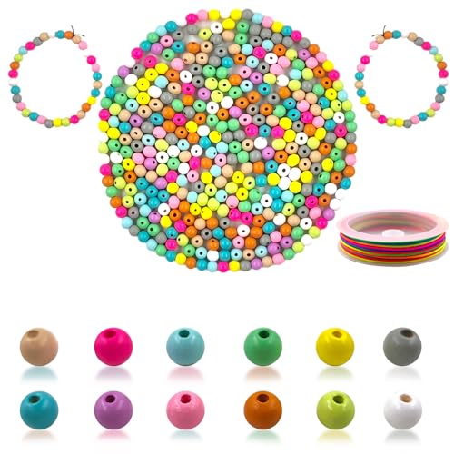 400 Stück Holzperlen zum Auffädeln, 10mm Runde Bunte Holz Perlen mit Loch,Natürliche Holzkugeln Farbig Bastelnperlen mit 10m Bunt Seil für DIY Armbänder Halsketten, Schmuck, Handwerk (12 Farben) von WUPENGZON