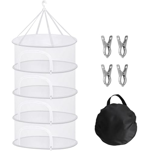 WUQNGI Trockennetz Kräuter 4-Lagiges,Kräutertrockner Hängend mit 4 Edelstahl-Clips und Haken,Mesh Kräuter Trocknen Netz Klappbar,Trocknungsnetze Grow Für Kräuter, Pflanze,Blumen,Früchte,(Oval-Weiß) von WUQNGI
