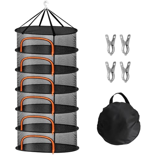 WUQNGI Trockennetz Kräuter 6-Lagiges,Kräutertrockner Hängend mit 4 Edelstahl-Clips und Haken,Mesh Kräuter Trocknen Netz Klappbar,Trocknungsnetze Grow Für Kräuter, Pflanze,Blumen,Früchte,(Oval-Schwarz) von WUQNGI