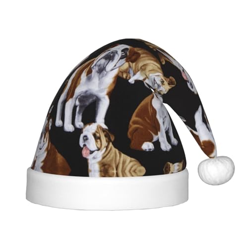 WURTON Weihnachtsmütze mit englischer Bulldogge, Weihnachtsmannmütze, Unisex, Neujahrsparty-Zubehör, Weihnachtsmannmütze für Kinder von WURTON