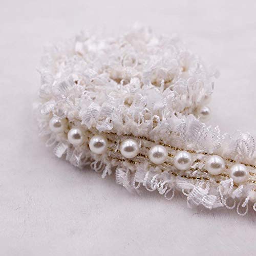 WUSHADEHANS Spitzenband, Spitzenbesatz, Spitzenband, 2 Yards, Spitzenband aus Nylon mit goldenen Perlen, Stickerei, Stoffbesatz, DIY, handgefertigtes Bastelkleid, Nähzubehör(White 2) von WUSHADEHANS