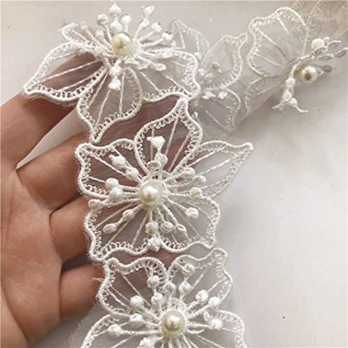 WUSHADEHANS Spitzenband, Spitzenbesatz, Spitzenband, 3D-Stickerei, Spitzenband, wasserlöslich, Bunte Blumen, Perlendekoration for DIY-Näh- und Kleidungszubehör(White) von WUSHADEHANS