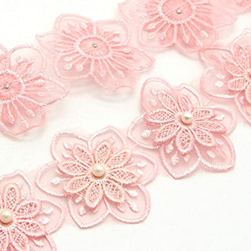 WUSHADEHANS Spitzenband, Spitzenbesatz, Spitzenband, 5,8 cm, bestickte Blumen-Spitzenbesätze mit weißen Kunstperlen, dekorative bestickte Spitzenbänder for die Hochzeit(Pink) von WUSHADEHANS