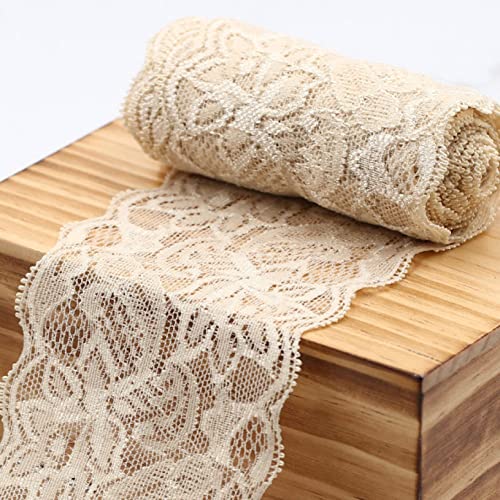 WUSHADEHANS Spitzenband, Spitzenbesatz, Spitzenband, breite Spitzenborte, elastisches Band mit Blumenmuster, 9,1 m, 7,9 cm, weiche Spitze for Basteln und Nähen(Beige) von WUSHADEHANS