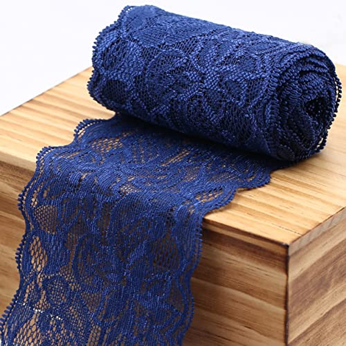 WUSHADEHANS Spitzenband, Spitzenbesatz, Spitzenband, breite Spitzenborte, elastisches Band mit Blumenmuster, 9,1 m, 7,9 cm, weiche Spitze for Basteln und Nähen(Navy Blue) von WUSHADEHANS
