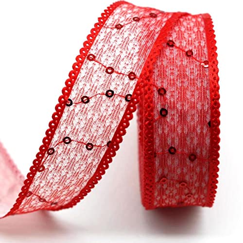 WUSHADEHANS Spitzenband, Spitzenbesatz, Spitzenband mit Pailletten, Spitzenbesatz, 9,1 m/18,3 m, glänzende Spitze, dekorative Gazebänder for Schleifenmachen und Verpacken(Red,25mm 20 Yards) von WUSHADEHANS