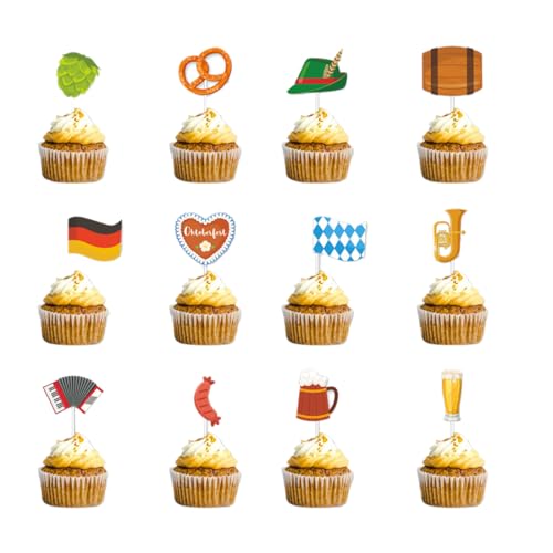 WUSJCOF 12 Stück Oktoberfest Cupcake Topper, Bierfest Party Picker, Deutsches Bierfest Kuchendeko, Bayerische Party Dessert Dekorationen für Oktoberfest Deko von WUSJCOF