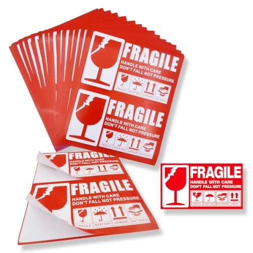 WUSJCOF 120 Stk Warnetiketten Aufkleber Zerbrechlich 'Fragile' Paketaufkleber handle with care selbstklebend (5 x 9 cm) (Red-White), Versandaufkleber Fragile Aufkleber von WUSJCOF