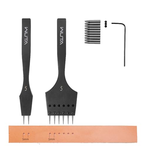 WUTA 2. Generation Leder werkzeuge Set mit austauschbarem Stecheisen & runden Lochstanzer- Premium Zinkenstanze für Leder(5mm-2+6) von WUTA
