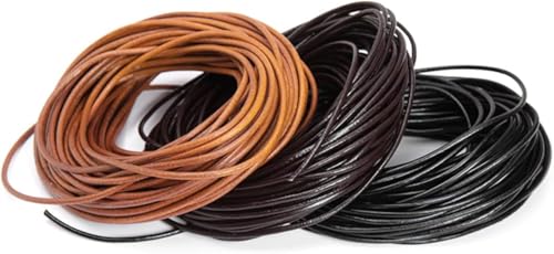 WUTA 3 Rollen 2mm x 10m Lederband-Rund Lederschnur aus Echtleder für DIY,Schmuck,Armband, Lederband für Ketten Schwarz,Braun,Natur(30m gesamt) von WUTA