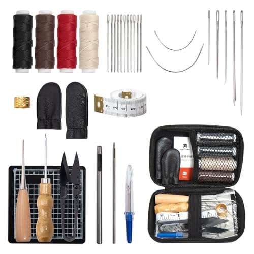 WUTA Leder Nähset,Professionell Leder-Reparaturset für DIY-Lederhandwerk, Ledernähset mit Nähnadeln, Nähahle, 8 Rollen Gewachster Faden, Rund Locheisen(29 PCS) von WUTA