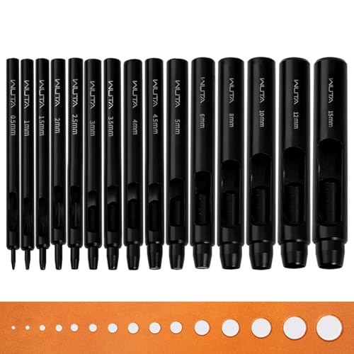 WUTA Schwarzer Rundlochstanzer,15 Stück Locheisen Set für Leder, Uhrenarmband, Dichtungsgürtel,Lochstanzer Leder(0.5-15mm) von WUTA