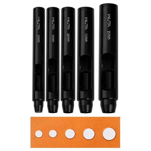 WUTA Schwarzer Rundlochstanzer,5 Stück Locheisen Set für Leder, Uhrenarmband, Dichtungsgürtel,Lochstanzer Leder(6+8+10+12+15mm) von WUTA