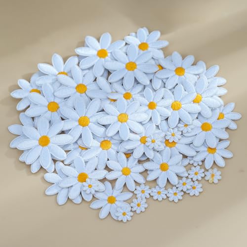 60 Stück Blumen zum Aufbügeln, niedliche Gänseblümchen, bestickte Flicken zum Aufnähen für Kleidung, Rucksäcke, Hüte, Jeans (weiß) von WUTAOBON