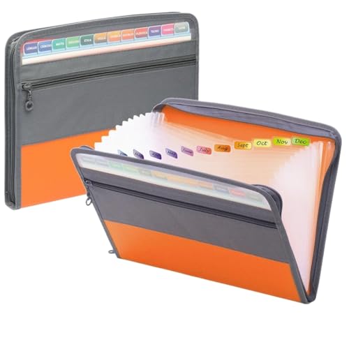 2 Stück Akkordeon-Ordner mit Reißverschluss, Fächermappe 13 Fächern und Federmäppchen auf der Vorderseite, Schul- Bürobedarf Für Home- Oder Office Dokumente(Orange) von WUYXTO