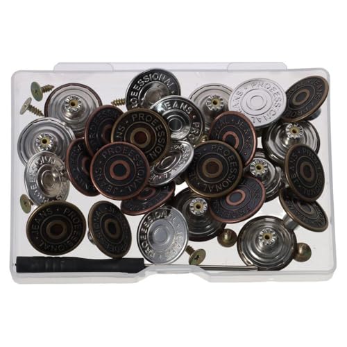 Jean-Ersatzknöpfe, 20 mm, Jeans-Metallknöpfe, Ersatz-Set mit Setter-Werkzeug in Aufbewahrungsbox, keine Nähknöpfe, Nadeln mit Nieten und Metallsockel (Bronze, Silber, Kupfer), 30 Sets von WUZIA