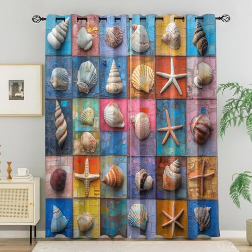 WVKFJEK Vorhänge mit Ösen Kinderzimmer Muschel Seestern Muschel Meer Verdunkelungsvorhang Wohnzimmer Schlafzimmer 2 Stücke, H 214 x B 264 cm, Gardinen Blickdicht Vorhang Thermovorhang Kälteschutz von WVKFJEK