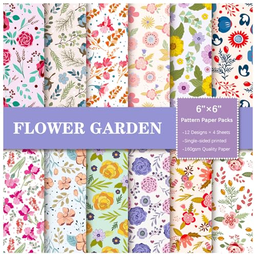 Scrapbooking-Papier, Scrapbooking-Zubehör, 6 x 6 Zoll, 48 Blatt einseitiges Papierpaket mit Blumenpflanzenmuster, 12 Designs, for Selbermachen von Fotoalben, Kartenherstellung, Scrapbooking-Zubehör von WWBPOIUY