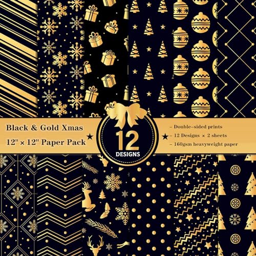 WWBPOIUY Scrapbooking-Papier, Scrapbooking-Zubehör, 12"x12", 24 Blatt Weihnachtsbaum-Schneeflocken-Drucke, doppelseitiger 160-g/m²-Block, Fotoalbum-Hintergrunddekor, Gold/Schwarz WWBPOIUY Scrapbooking-Papier, Scrapbooking-Zubehör, 12"x12", 24 Blatt Weihnachtsbaum-Schneeflocken-Drucke, doppelseitiger 160-g/m²-Block, Fotoalbum-Hintergrunddekor, Gold/Schwarz von WWBPOIUY