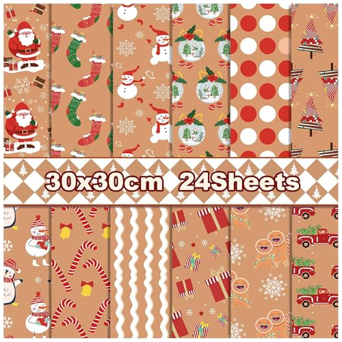 WWBPOIUY Scrapbooking-Papier, Scrapbooking-Zubehör, 12"x12", 24 Blatt doppelseitiges Weihnachtspapier mit Weihnachtsdruckmuster in Braun, for Karten-Fotoalben-Dekoration, 12 Designs von WWBPOIUY