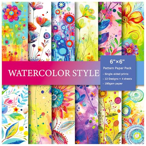 WWBPOIUY Scrapbooking-Papier, Scrapbooking-Zubehör, 6 x 6 Zoll Aquarellblumen, 48 Blatt einseitig gemustertes Papierpaket, 160 g/m², DIY-Fotoalbum-Hintergrund, Scrapbooking-Zubehör von WWBPOIUY