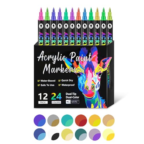 WWWSENSEN Dual Tip Acrylic Paint Pen Marker, Dual Tip Drawing Marker Pen, Malstifte mit feiner Spitze und Pinselspitze, wasserfest, für Felsmalerei, Keramik (12Colors) von WWWSENSEN