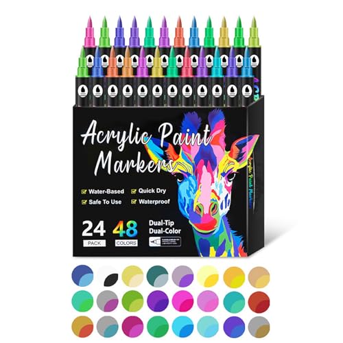 WWWSENSEN Dual Tip Acrylic Paint Pen Marker, Dual Tip Drawing Marker Pen, Malstifte mit feiner Spitze und Pinselspitze, wasserfest, für Felsmalerei, Keramik (48Colors) von WWWSENSEN