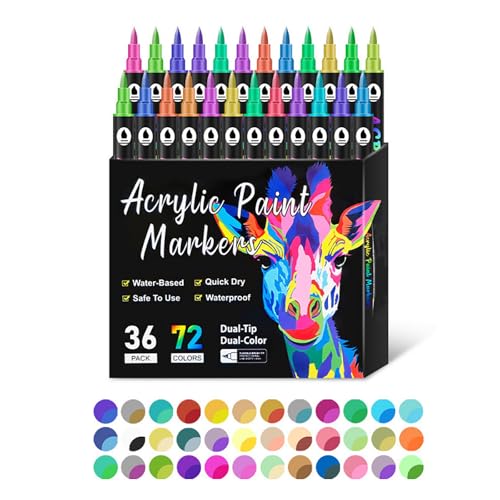 WWWSENSEN Dual Tip Acrylic Paint Pen Marker, Dual Tip Drawing Marker Pen, Malstifte mit feiner Spitze und Pinselspitze, wasserfest, für Felsmalerei, Keramik (72Colors) von WWWSENSEN