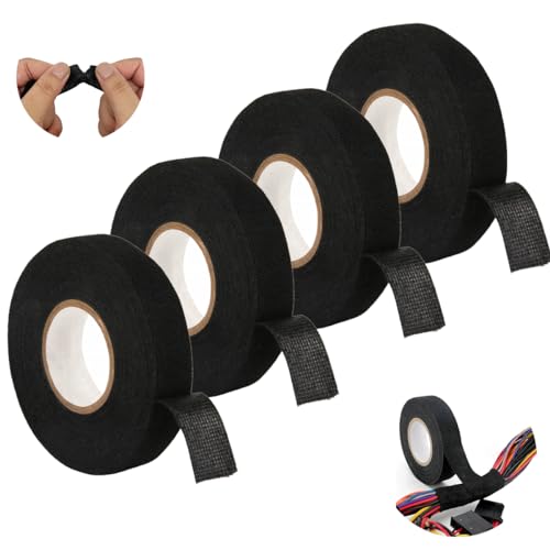 WWYSSZ 4 Stück KFZ Gewebeband Schwarz Isolierband, 19 mm X 15 M Stoffklebeband Kabelbaum Klebeband, Selbstklebend Tuch Gewebeband Hitzebeständig Auto Kabelbaum Filzband,für Kabelbäume Befestigt von WWYSSZ