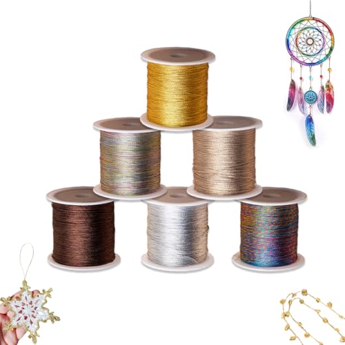 WWYSSZ 6 Rollen Metallic Kordel, Metallisch Schnur für Basteln, Band für Armbänder Beilaufgarn Glitzer Nicht Elastisch Nylonfaden für DIY Handwerk Armband Schmuck Halskette Traumfänger 0.4mmx50M/Rolle von WWYSSZ