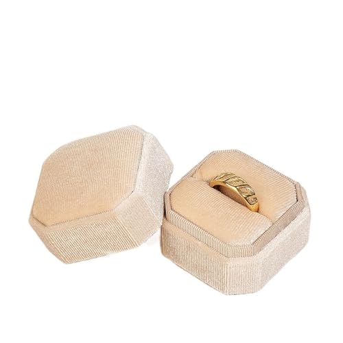 WXBCDS Ringbox Hochzeit Achteckige Ringbox Aus Cord for Hochzeit, Verlobung, Antrag, Geschenk, Ring-Organizer, Aufbewahrung, Tragbare Vintage-Schmuckschatulle(Beige-A) von WXBCDS