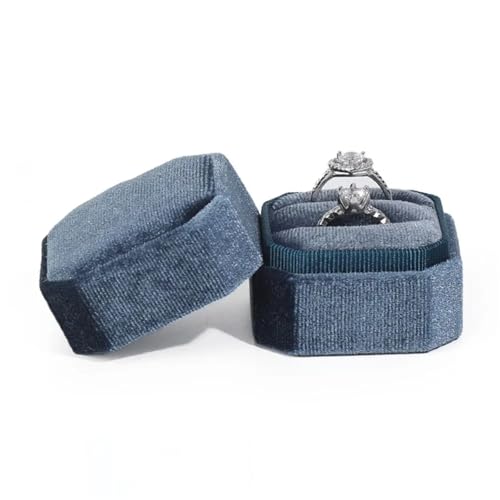 WXBCDS Ringbox Hochzeit Sechseckige Samt-Schmuckschatulle, Doppelring-Aufbewahrungsbox, Damen-Geschenk, Ohrringe, Paketetui, Ehering-Display-Verpackungsbox(Blue-02) von WXBCDS