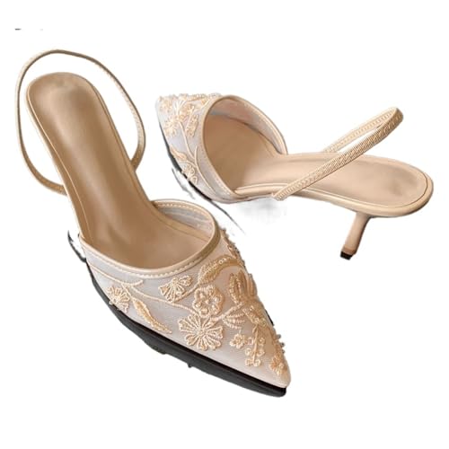 WXBCDS Sandalen Damen Mit Absatz Damen Pumps mit Blumenstickerei, Netzstoff, Rückenriemen, Slingback, High Heels, Elegante Schuhe for Damen(Beige,38) von WXBCDS