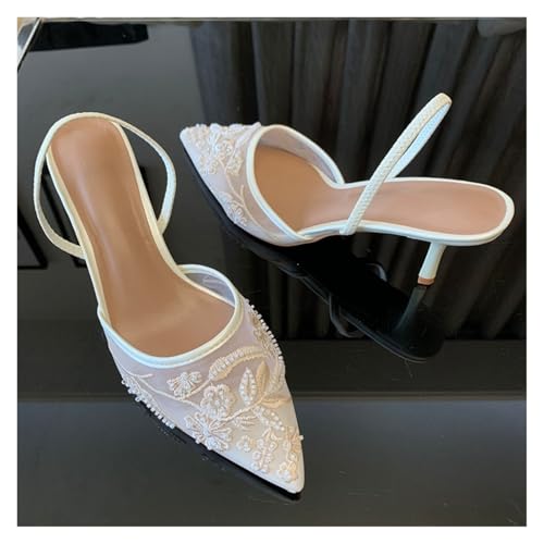 WXBCDS Sandalen Damen Mit Absatz Damen Pumps mit Blumenstickerei, Netzstoff, Rückenriemen, Slingback, High Heels, Elegante Schuhe for Damen(White,41) von WXBCDS