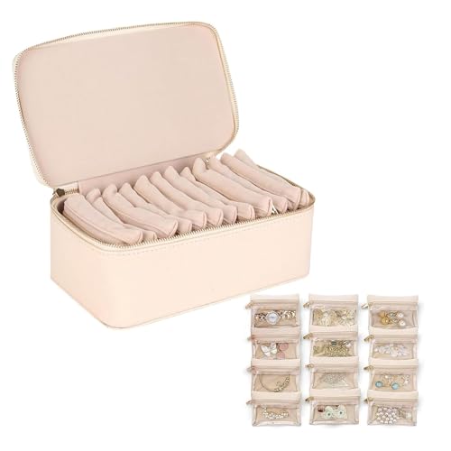 Familiarn Reise-Schmuckschatulle mit kleinen Beuteln, tragbare Schmuckschatulle aus PU-Leder, Reise-Schmuckkästchen für Frauen (Off-White) von WXDTW