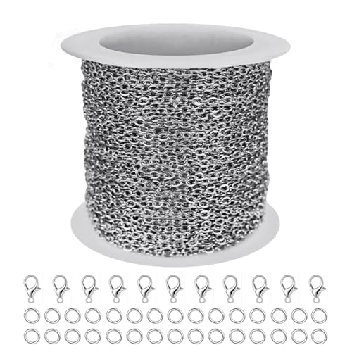 Ketten für die Schmuckherstellung, 10 m, 2 Rollen, silberfarbene Edelstahl-Schmuckketten mit 60 offenen Binderingen und 40 Stück Karabinerverschlüssen für Halsketten, Ketten, DIY-Zubehör Ketten für die Schmuckherstellung, 10 m, 2 Rollen, silberfarbene Edelstahl-Schmuckketten mit 60 offenen Binderingen und 40 Stück Karabinerverschlüssen für Halsketten, Ketten, DIY-Zubehör von WXJ13