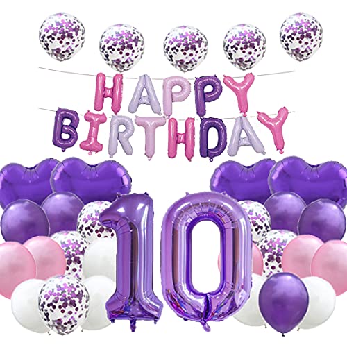 Süßer 10. Geburtstag Ballon 10. Geburtstag Dekorationen Happy 10th Birthday Party Supplies lila Zahl 10 Folienballons Latex Ballon Geschenke für Mädchen, Jungen, Frauen, Männer von WXLWXZ