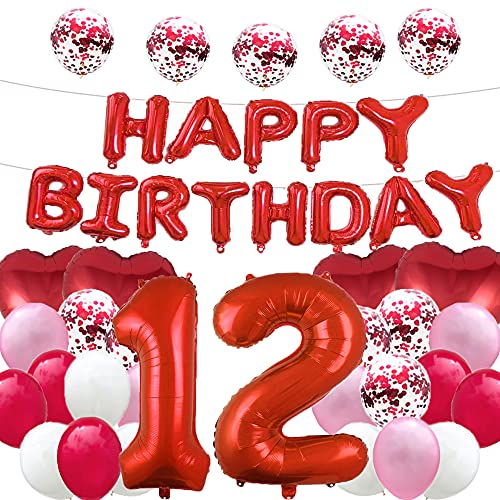 WXLWXZ Süßer Ballon zum 12. Geburtstag, Dekoration zum 12. Geburtstag, Partyzubehör, rote Zahl 12, Mylar-Luftballons, Latex-Ballon, Geschenke für Mädchen, Jungen, Frauen, Männer von WXLWXZ