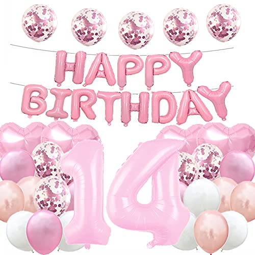 Süßer 14. Geburtstag Ballon 14. Geburtstag Dekorationen Happy 14th Birthday Party Supplies rosa Zahl 14 Folienballons Latex Ballon Geschenke für Mädchen, Jungen, Frauen, Männer von WXLWXZ