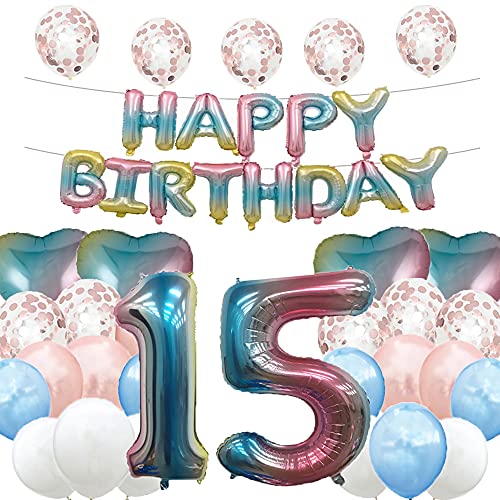 Süßer 15. Geburtstag Ballon 15. Geburtstag Dekorationen Happy 15th Birthday Party Supplies Regenbogen Zahl 15 Folienballons Latex Ballon Geschenke für Mädchen, Jungen, Frauen, Männer von WXLWXZ