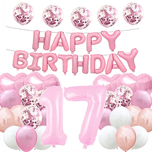 Süßer 17. Geburtstag Ballon 17. Geburtstag Dekorationen Happy 17th Birthday Party Supplies rosa Zahl 17 Folie Mylar-Ballons Latex Ballon Geschenke für Mädchen, Jungen, Frauen, Männer von WXLWXZ