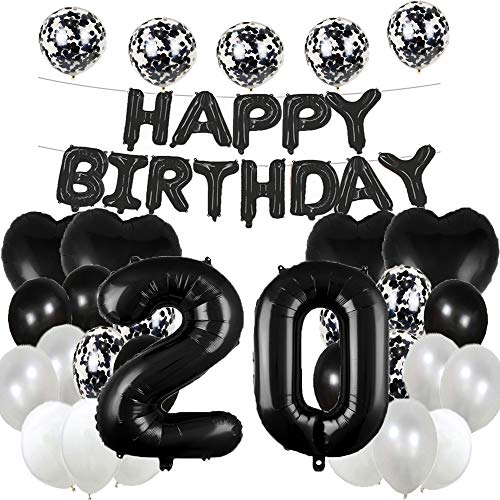 Süßer 20. Geburtstag Ballon 20. Geburtstag Dekorationen Happy 20th Birthday Party Supplies Schwarze Zahl 20 Folie Mylar-Luftballons Latex Ballon Geschenke für Mädchen, Jungen, Frauen, Männer von WXLWXZ