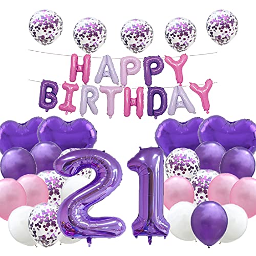 Süßer 21. Geburtstag Ballon 21. Geburtstag Dekorationen Happy 21th Birthday Party Supplies lila Zahl 21 Folie Mylar-Ballons Latex Ballon Geschenke für Mädchen, Jungen, Frauen, Männer von WXLWXZ