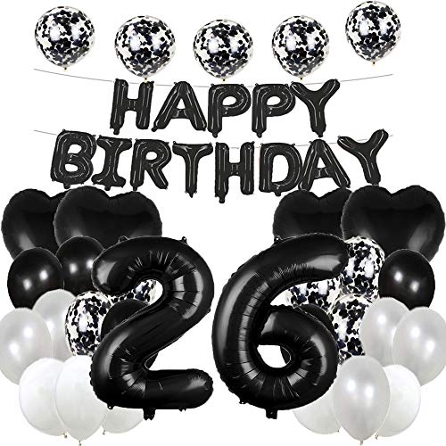 Süßer 26. Geburtstag Ballon 26. Geburtstag Dekorationen Happy 26th Birthday Party Supplies Schwarze Zahl 26 Folie Mylar-Luftballons Latex Ballon Geschenke für Mädchen, Jungen, Frauen, Männer von WXLWXZ