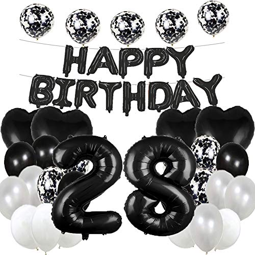 WXLWXZ Süßer Ballon zum 28. Geburtstag, Dekoration zum 28. Geburtstag, Partyzubehör, schwarze Zahl 28, Mylar-Folie, Latex-Ballon, Geschenke für Mädchen, Jungen, Frauen, Männer von WXLWXZ